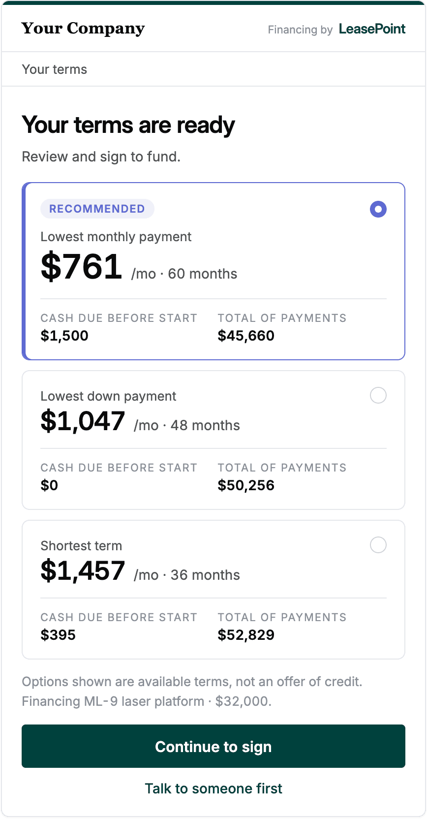 LeasePoint Apply financing workflow showing available terms